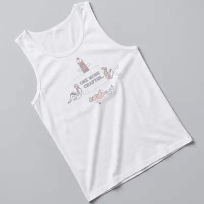 Line-art graphic tee showing the text 'One More Chapter...' with book-themed illustrations — printed on a tank top
