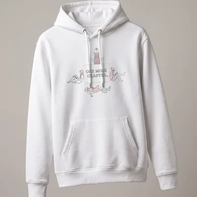 Line-art graphic tee showing the text 'One More Chapter...' with book-themed illustrations — printed on a unisex hoodie