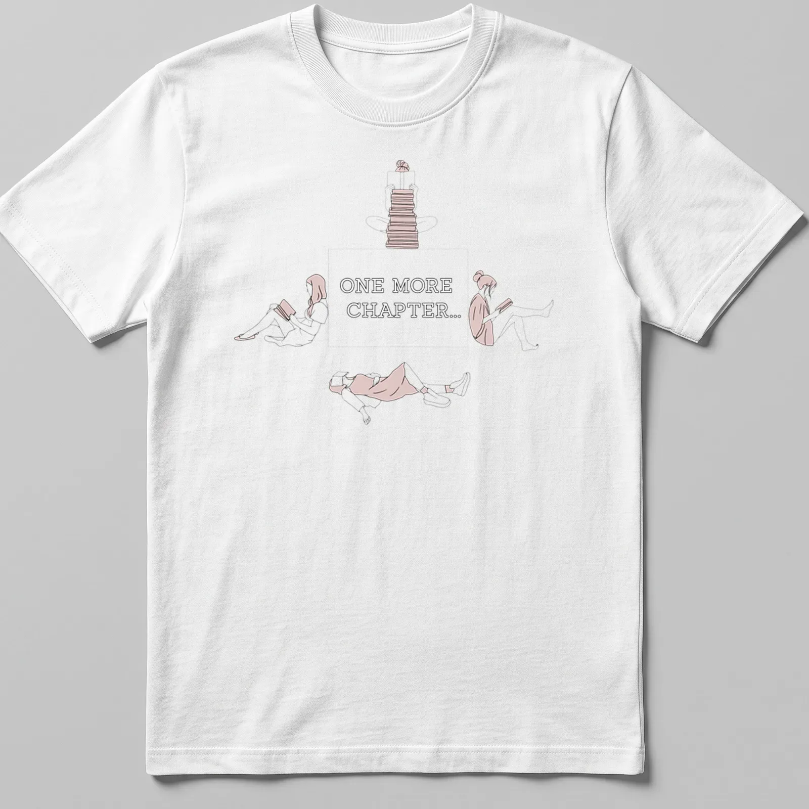 Line-art graphic tee showing the text 'One More Chapter...' with book-themed illustrations — printed on a unisex t-shirt