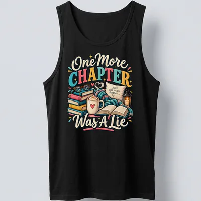 Whimsical design featuring books and coffee with the phrase 'One More Chapter Was A Lie' — printed on a tank top
