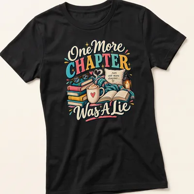 Whimsical design featuring books and coffee with the phrase 'One More Chapter Was A Lie' — printed on a women's shirt