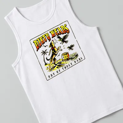 Vintage style T-shirt with a playful dog and colorful waves beneath a printed slogan. — printed on a tank top
