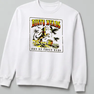 Vintage style T-shirt with a playful dog and colorful waves beneath a printed slogan. — printed on a unisex sweatshirt