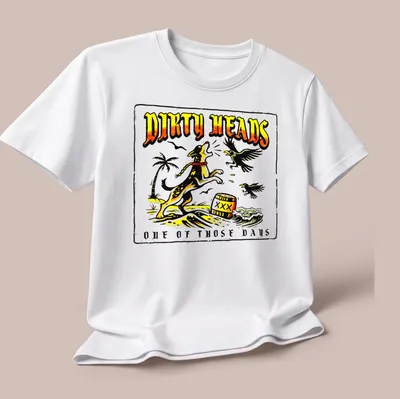 Vintage style T-shirt with a playful dog and colorful waves beneath a printed slogan. — printed on a unisex t-shirt (angled view)