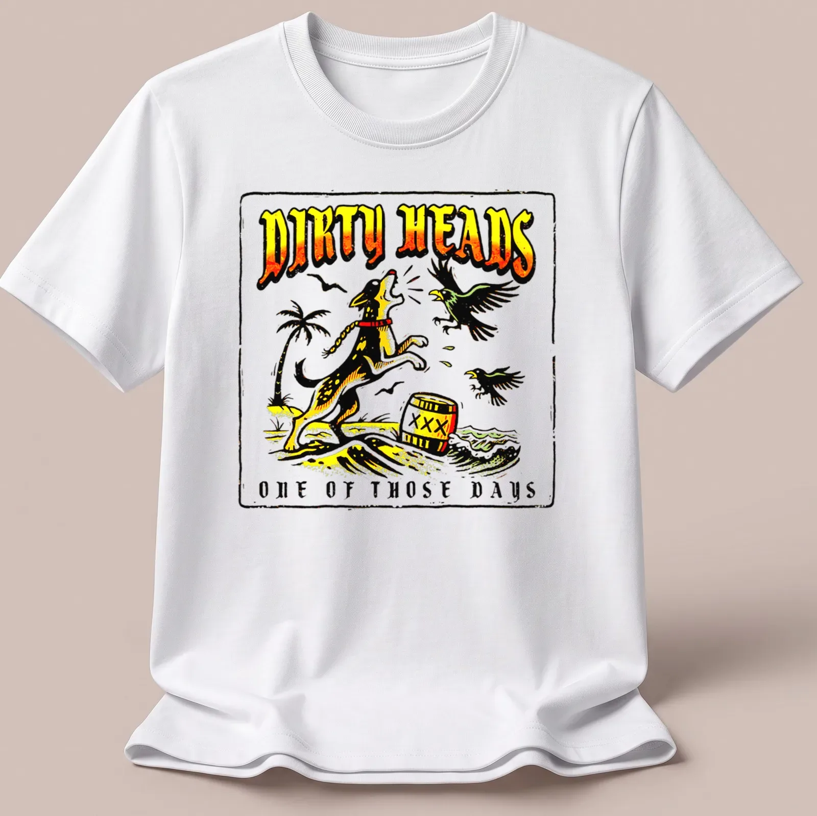 Vintage style T-shirt with a playful dog and colorful waves beneath a printed slogan. — printed on a unisex t-shirt