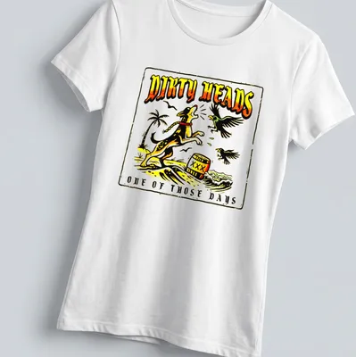 Vintage style T-shirt with a playful dog and colorful waves beneath a printed slogan. — printed on a women's shirt