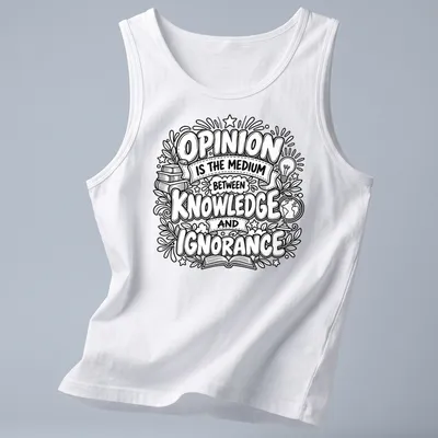 Hand-drawn doodles of books, a light bulb, and a globe with the phrase about opinion and knowledge — printed on a tank top