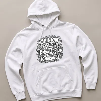 Hand-drawn doodles of books, a light bulb, and a globe with the phrase about opinion and knowledge — printed on a unisex hoodie