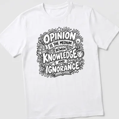 Hand-drawn doodles of books, a light bulb, and a globe with the phrase about opinion and knowledge — printed on a unisex t-shirt