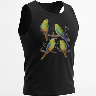 Illustration of colorful orange-bellied parrots with vibrant details — printed on a tank top