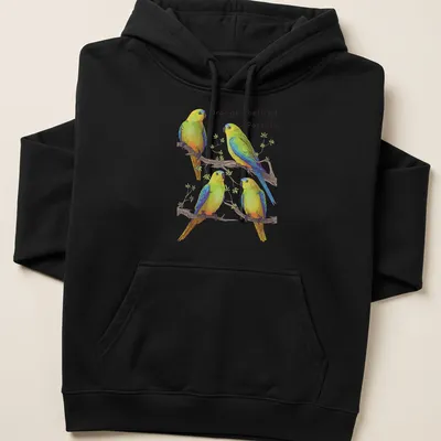 Illustration of colorful orange-bellied parrots with vibrant details — printed on a unisex hoodie
