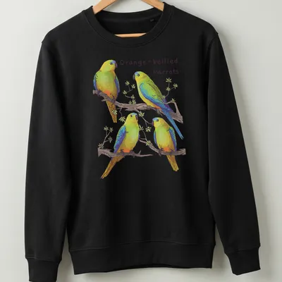 Illustration of colorful orange-bellied parrots with vibrant details — printed on a unisex sweatshirt