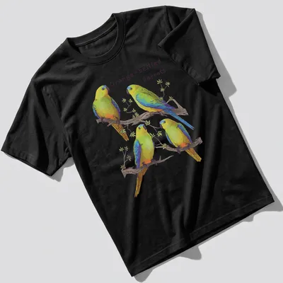 Illustration of colorful orange-bellied parrots with vibrant details — printed on a unisex t-shirt