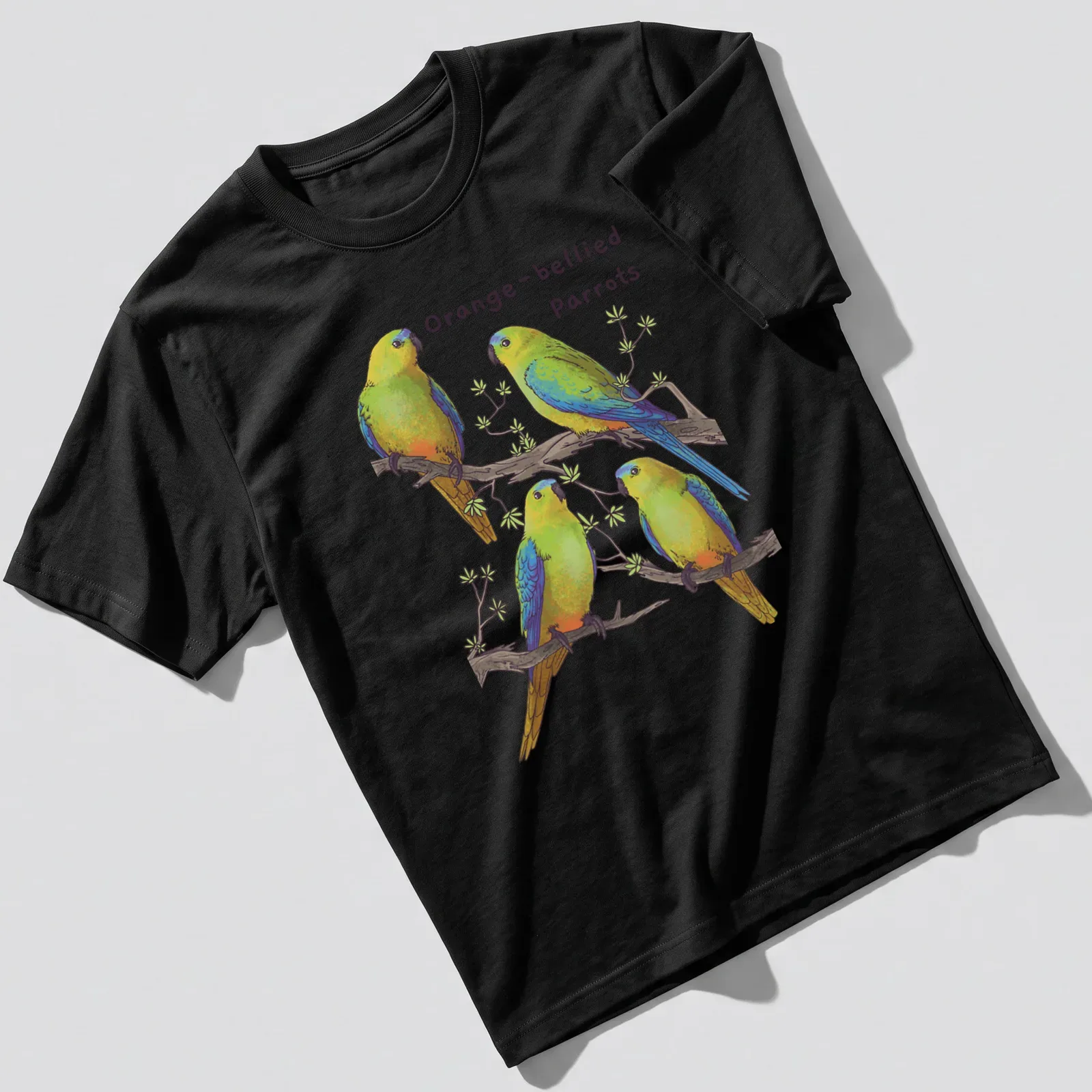 Illustration of colorful orange-bellied parrots with vibrant details — printed on a unisex t-shirt
