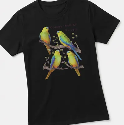 Illustration of colorful orange-bellied parrots with vibrant details — printed on a women's shirt