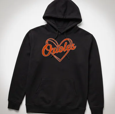 Vintage retro Orioles heart graphic printed in orange and white — printed on a unisex hoodie