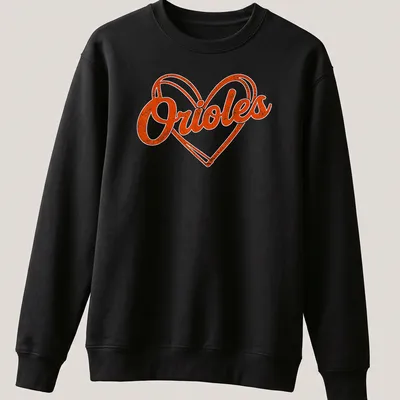 Vintage retro Orioles heart graphic printed in orange and white — printed on a unisex sweatshirt