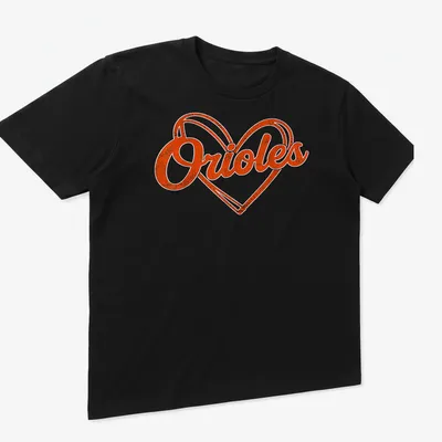 Vintage retro Orioles heart graphic printed in orange and white — printed on a unisex t-shirt (angled view)