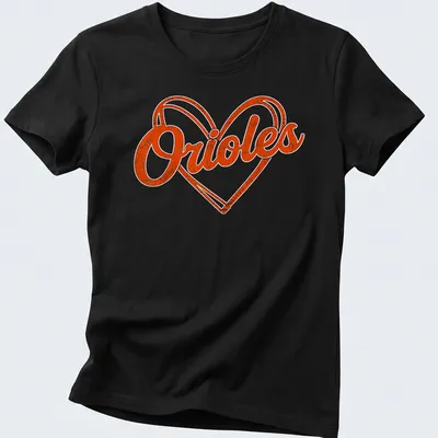 Vintage retro Orioles heart graphic printed in orange and white — printed on a women's shirt