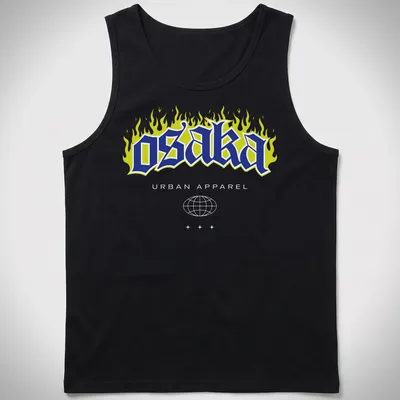 Flame design T-shirt with urban graffiti style and bold text. — printed on a tank top
