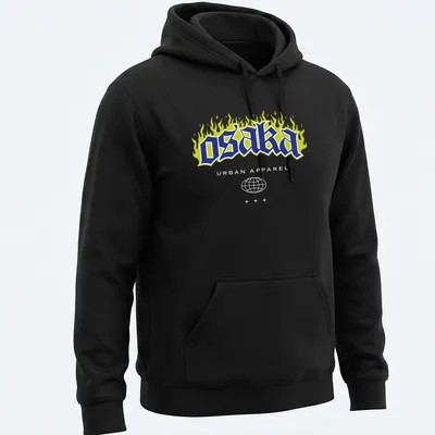 Flame design T-shirt with urban graffiti style and bold text. — printed on a unisex hoodie