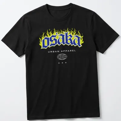 Flame design T-shirt with urban graffiti style and bold text.