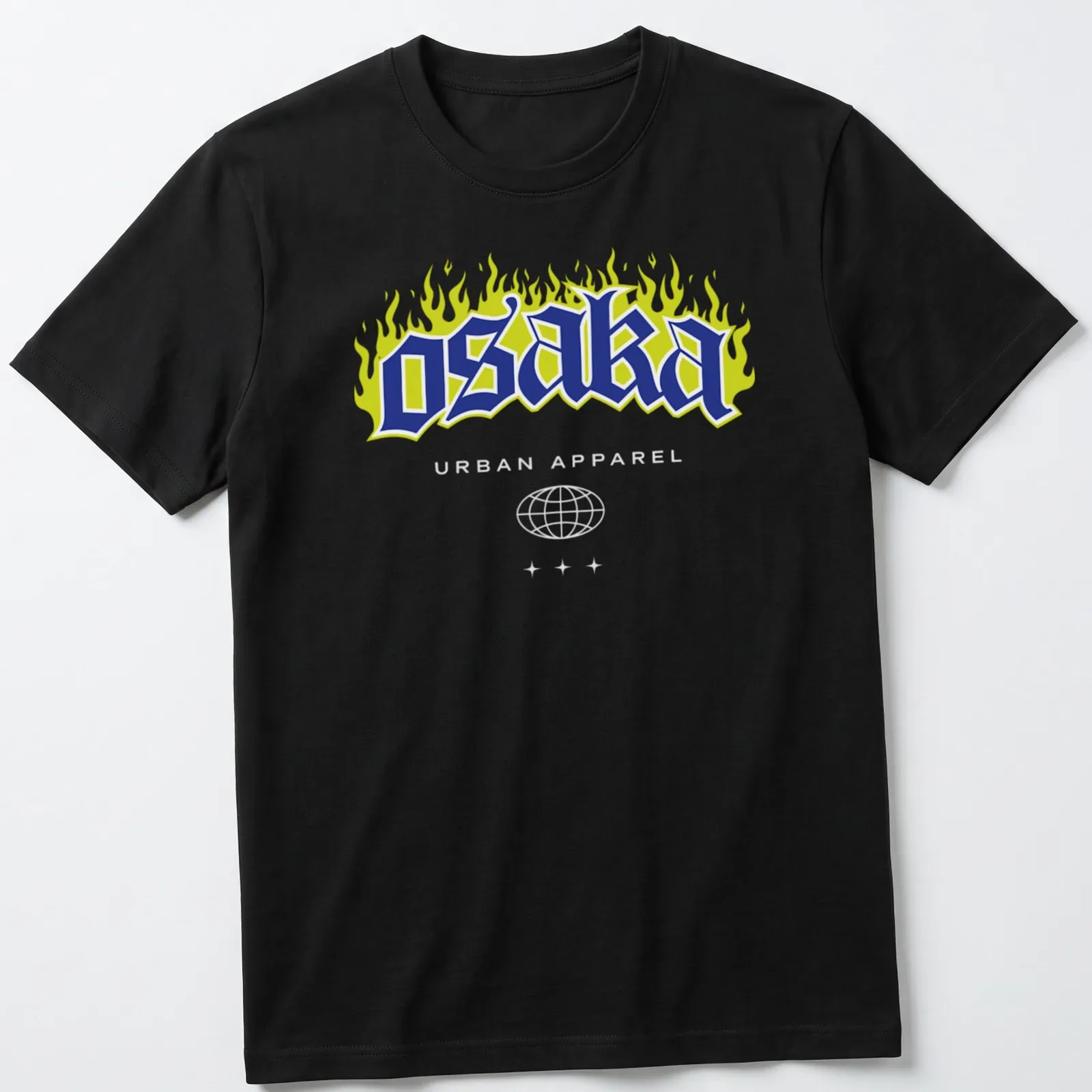 Flame design T-shirt with urban graffiti style and bold text. — printed on a unisex t-shirt