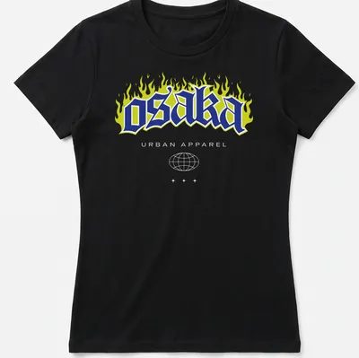 Flame design T-shirt with urban graffiti style and bold text. — printed on a women's shirt