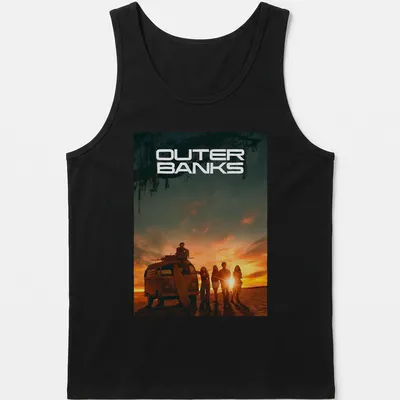 Vibrant sunset scene with a surfing van and people, highlighted by the text 'OUTER BANKS' — printed on a tank top