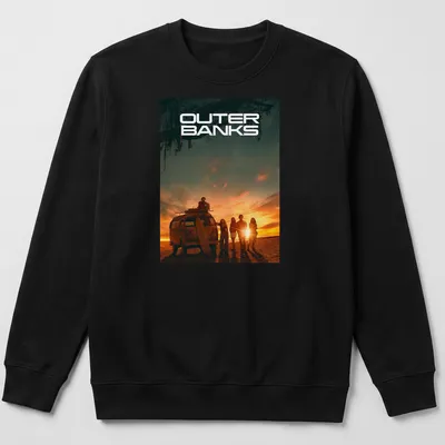Vibrant sunset scene with a surfing van and people, highlighted by the text 'OUTER BANKS' — printed on a unisex sweatshirt