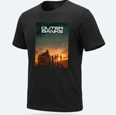 Vibrant sunset scene with a surfing van and people, highlighted by the text 'OUTER BANKS' — printed on a unisex t-shirt