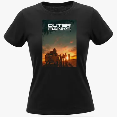 Vibrant sunset scene with a surfing van and people, highlighted by the text 'OUTER BANKS' — printed on a women's shirt