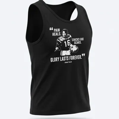 Bold typography t-shirt with the phrase Pain Heals, Chicks Dig Scars, Glory Lasts Forever over a football player graphic — printed on a tank top