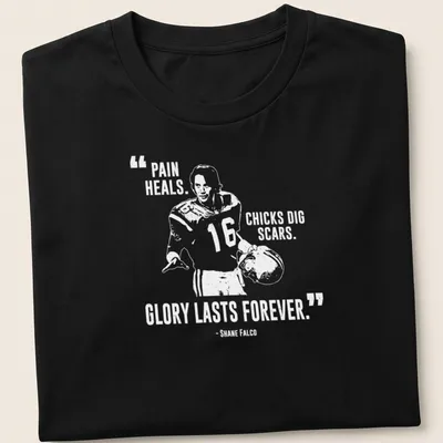 Bold typography t-shirt with the phrase Pain Heals, Chicks Dig Scars, Glory Lasts Forever over a football player graphic