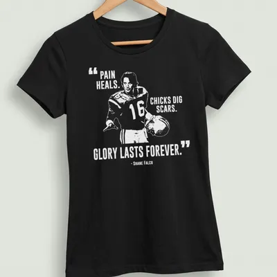 Bold typography t-shirt with the phrase Pain Heals, Chicks Dig Scars, Glory Lasts Forever over a football player graphic — printed on a women's shirt