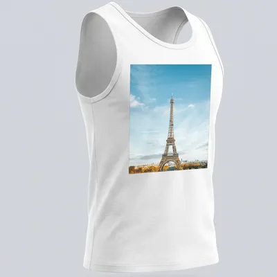 Photographic print of Eiffel Tower with text 'Paris, France' in blue and gold — printed on a tank top