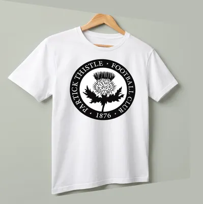 Partick Thistle football club emblem in black and white on — printed on a unisex t-shirt (angled view)