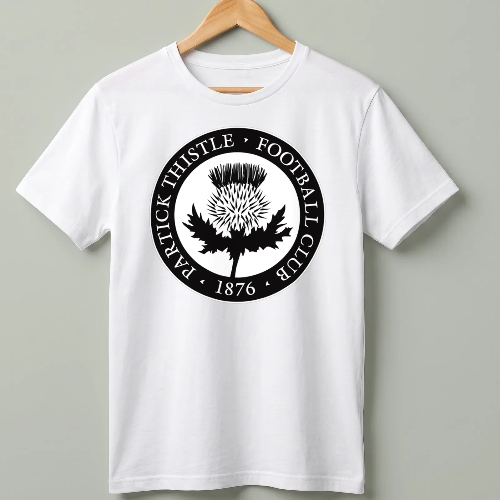 Partick Thistle football club emblem in black and white on — printed on a unisex t-shirt