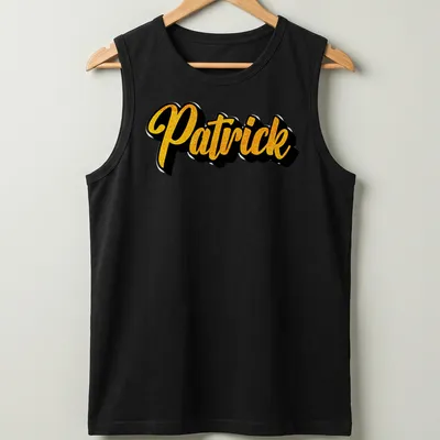 Personalized T-shirt featuring the name Patrick in bold gold script — printed on a tank top