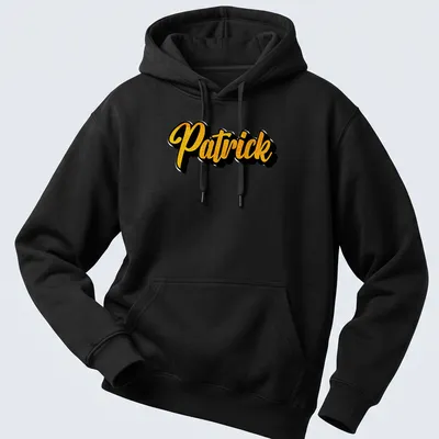 Personalized T-shirt featuring the name Patrick in bold gold script — printed on a unisex hoodie