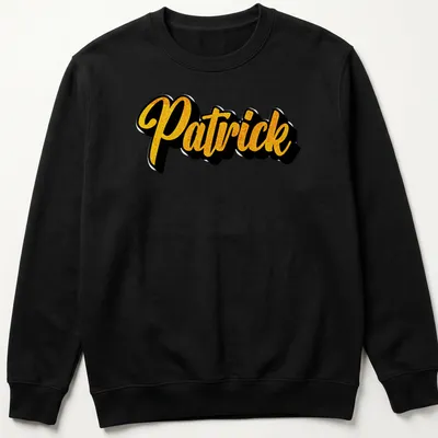 Personalized T-shirt featuring the name Patrick in bold gold script — printed on a unisex sweatshirt