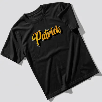 Personalized T-shirt featuring the name Patrick in bold gold script — printed on a unisex t-shirt