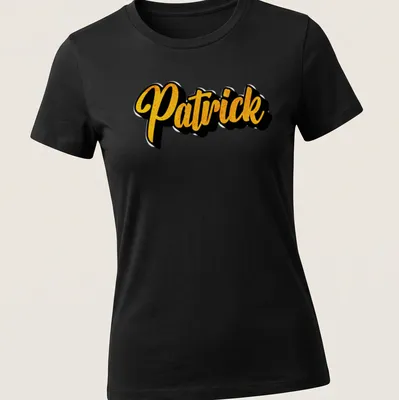 Personalized T-shirt featuring the name Patrick in bold gold script — printed on a women's shirt