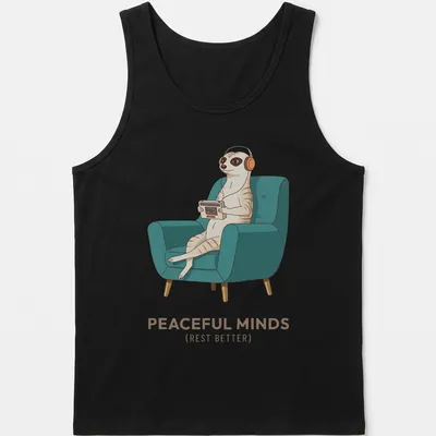 Vintage-style meerkat wearing headphones with text about peaceful minds — printed on a tank top