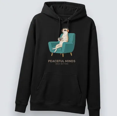 Vintage-style meerkat wearing headphones with text about peaceful minds — printed on a unisex hoodie