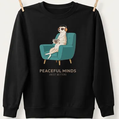 Vintage-style meerkat wearing headphones with text about peaceful minds — printed on a unisex sweatshirt