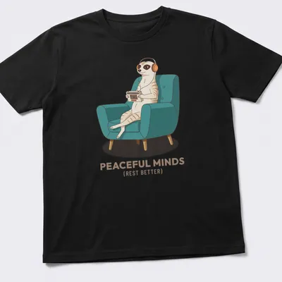 Vintage-style meerkat wearing headphones with text about peaceful minds — printed on a unisex t-shirt