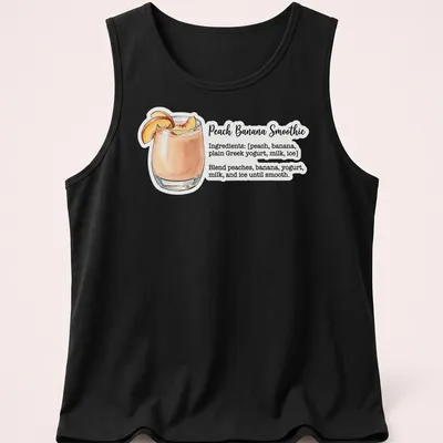 Watercolor illustration of peach banana smoothie ingredients with recipe text — printed on a tank top