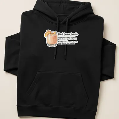 Watercolor illustration of peach banana smoothie ingredients with recipe text — printed on a unisex hoodie