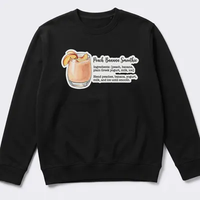 Watercolor illustration of peach banana smoothie ingredients with recipe text — printed on a unisex sweatshirt